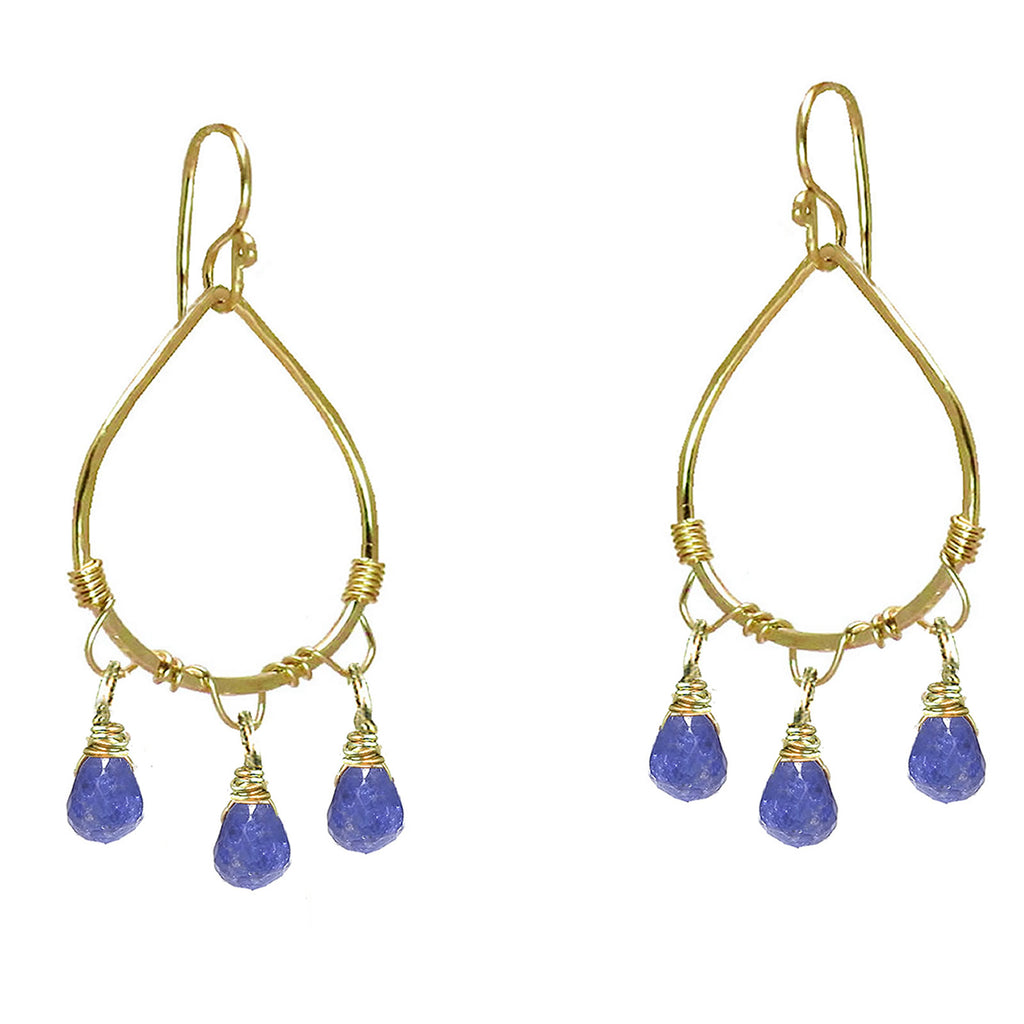 Hammered Drop Hoops with Tanzanite