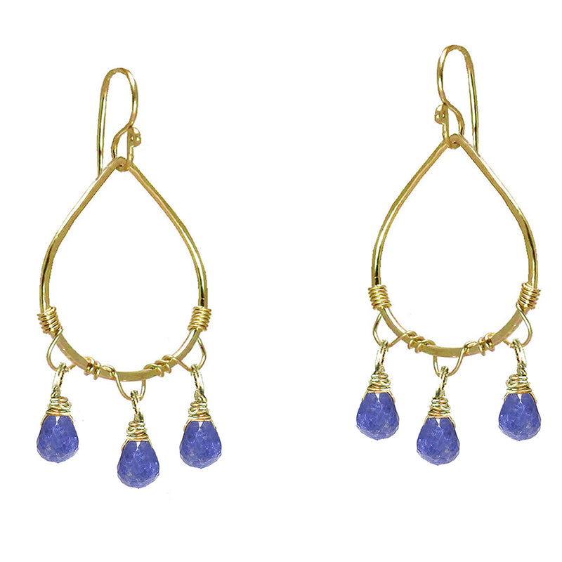 Hammered Drop Hoops with Tanzanite