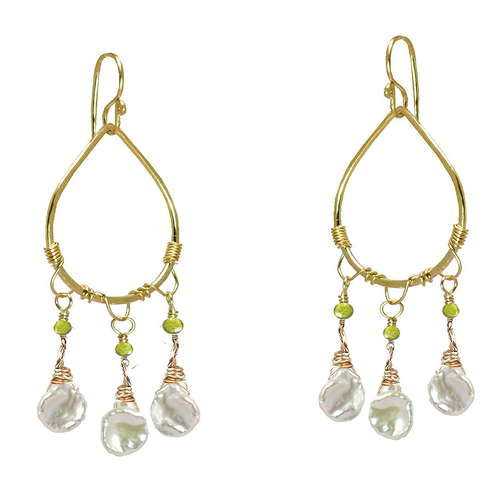 Hammered Drop Hoops with White Keshi Pearls