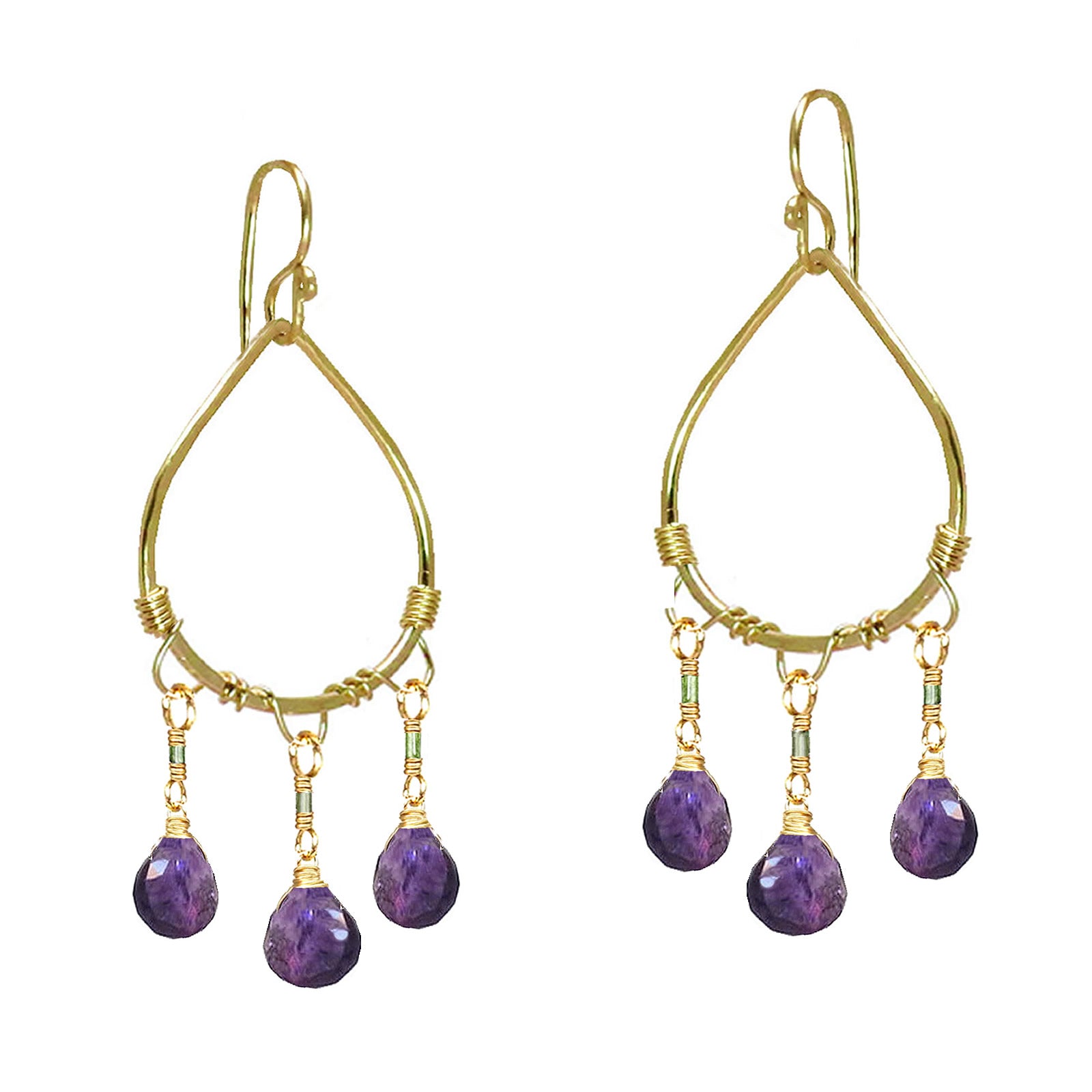 Hammered Drop Earrings with Tourmaline & Amethyst - ClickThatClicks 