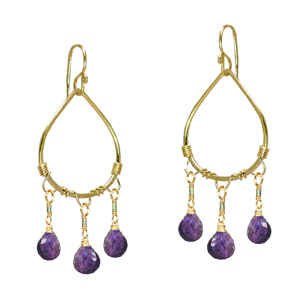 Hammered Drop Earrings with Tourmaline & Amethyst