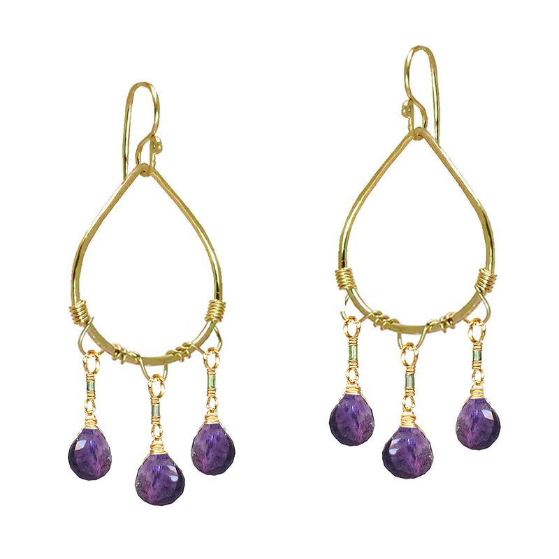 Hammered Drop Earrings with Tourmaline & Amethyst