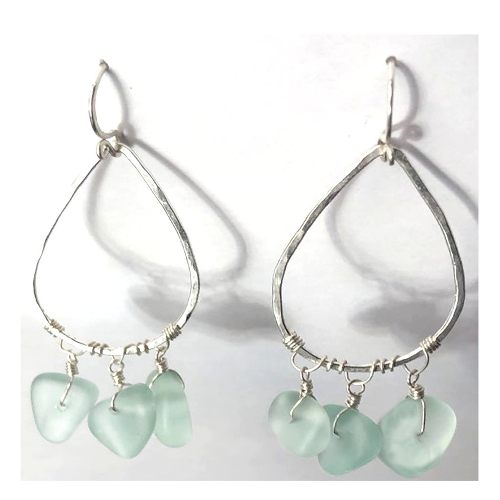 Hammered Drop Earrings with Aqua Blue Sea Glass