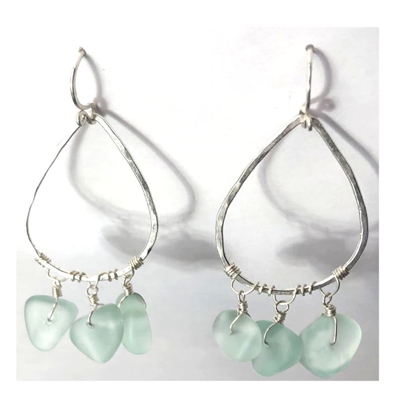 Hammered Drop Earrings with Aqua Blue Sea Glass