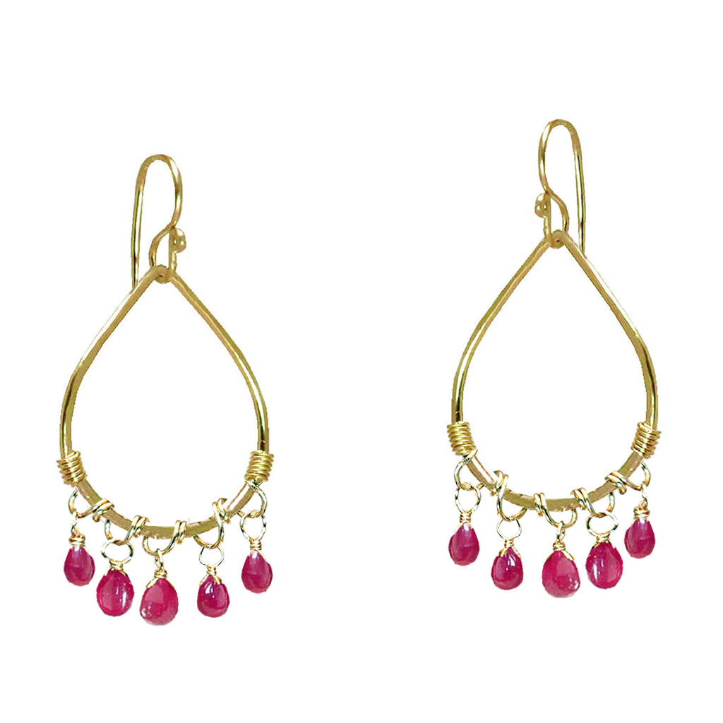 Hammered Drop Earrings with Pink Ruby