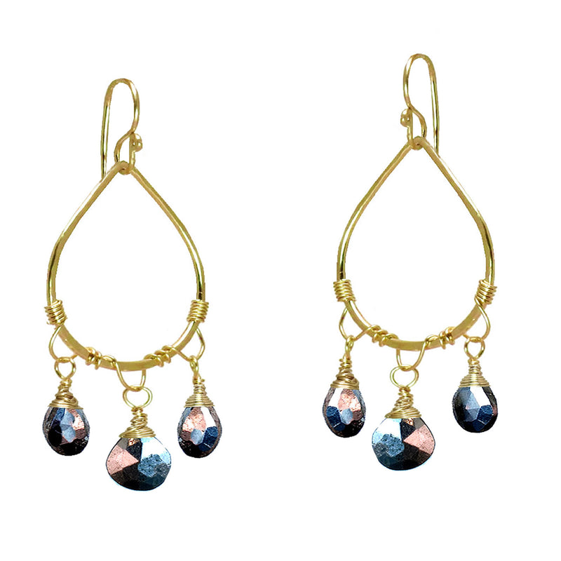 Hammered Drop Earrings with Black Pyrite