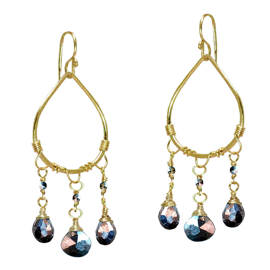 Hammered Drop Earrings with Black Pyrite Stone