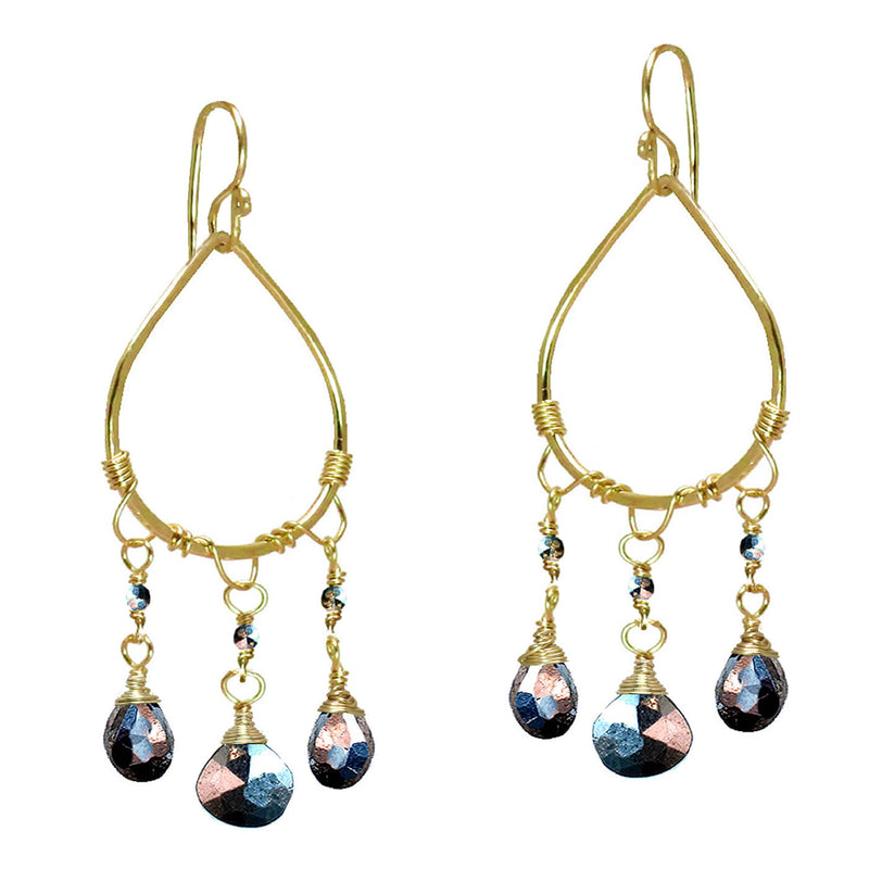 Hammered Drop Earrings with Black Pyrite Stone