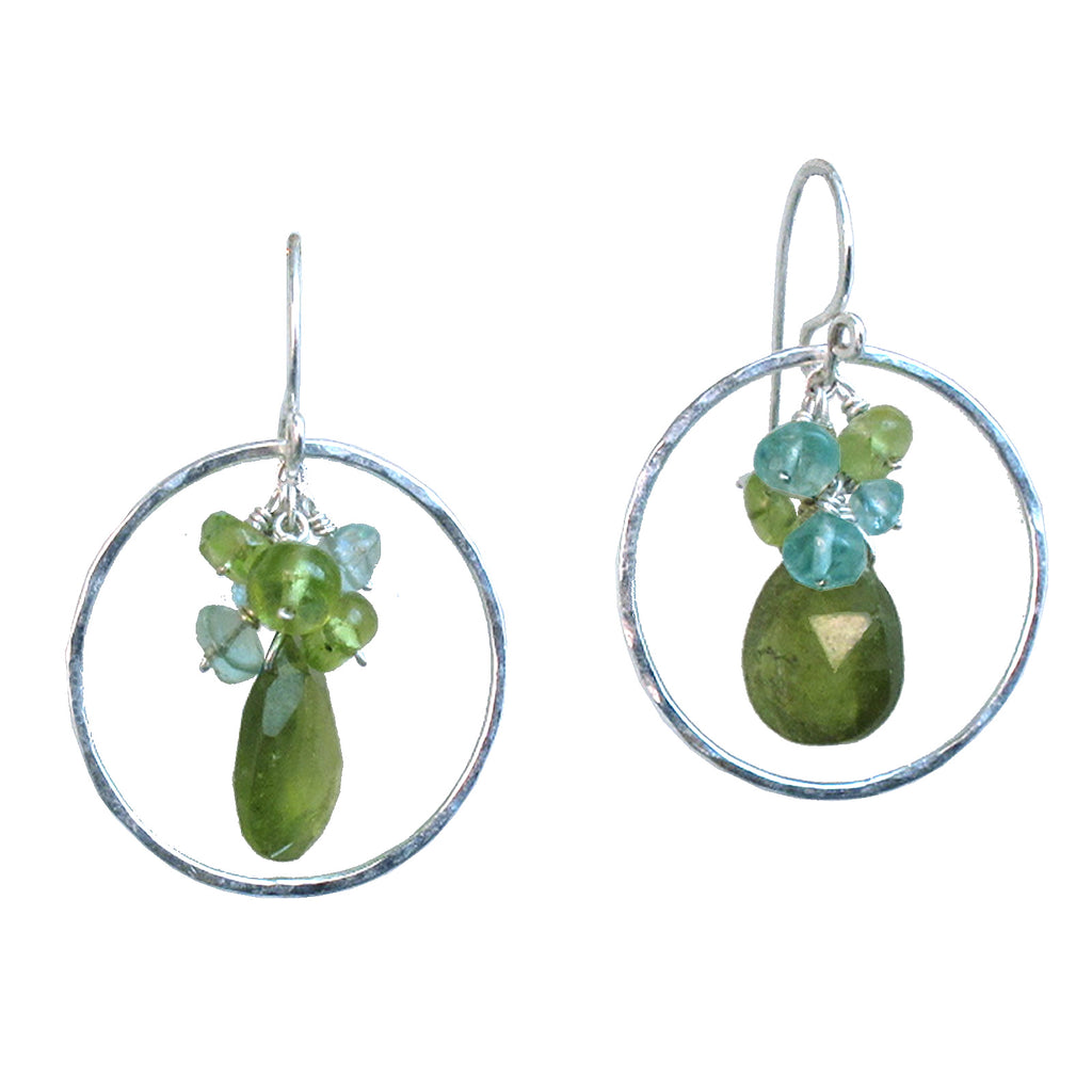 Hammered Circle Earrings with Apatite, Peridot & Idocrase