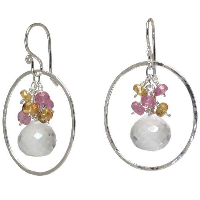 Hammered Circle Earrings with Garnet, Ruby & Quartz