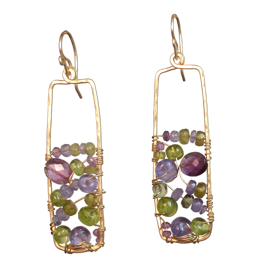 Hammered Rectangle Earrings with Tanzanite, Peridot & Amethyst