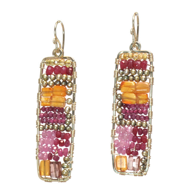 Hammered Rectangle Earrings with Ruby, Carnelian & Pearls