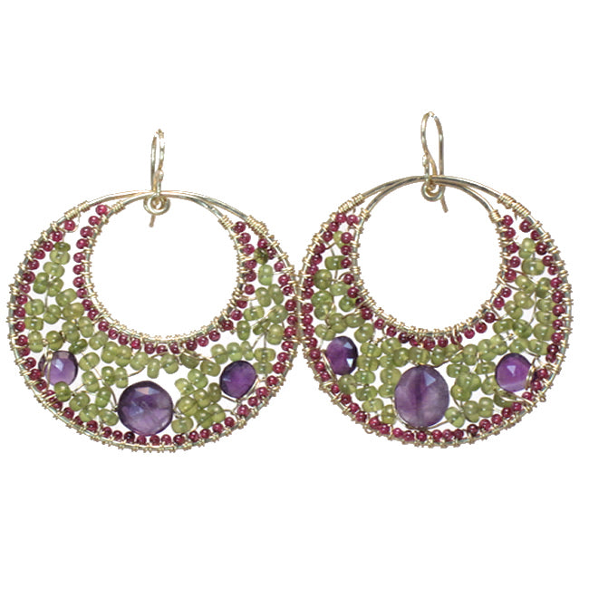Hammered Circle Earrings with Garnet, Vessonite & Amethyst