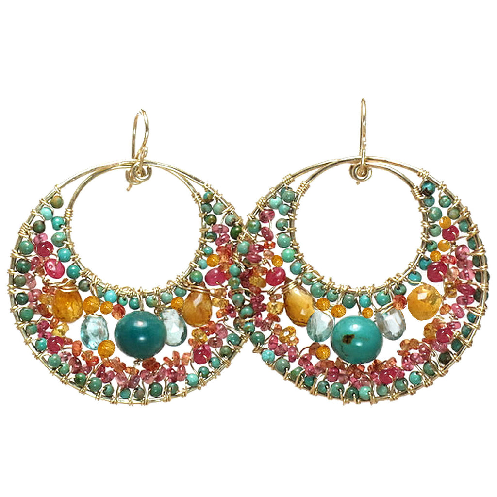 Hammered Circle Earrings with Ruby, Garnet & Turquoise