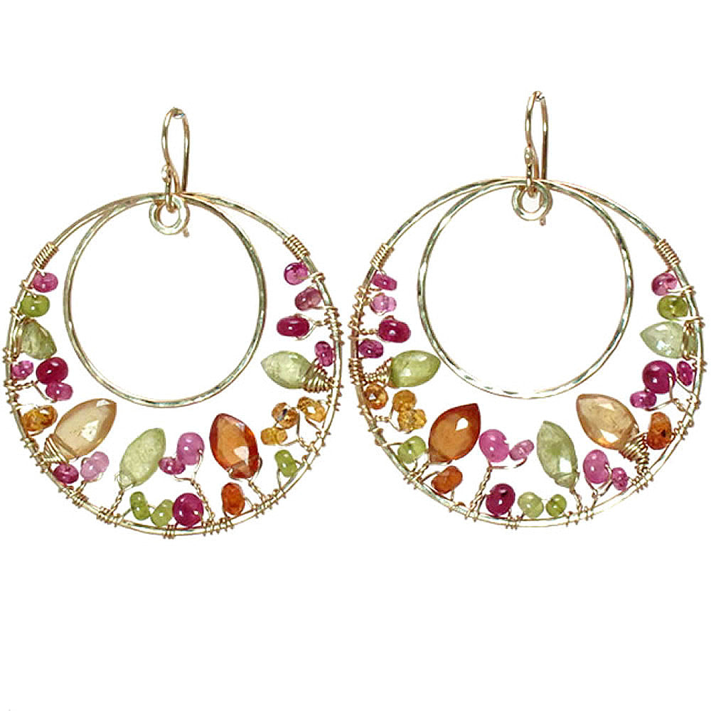 Hammered Circle Earrings with Tourmaline, Ruby & Prehnite