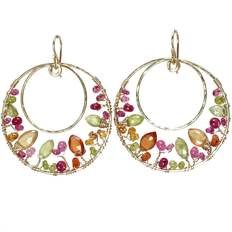 Hammered Circle Earrings with Tourmaline, Ruby & Prehnite