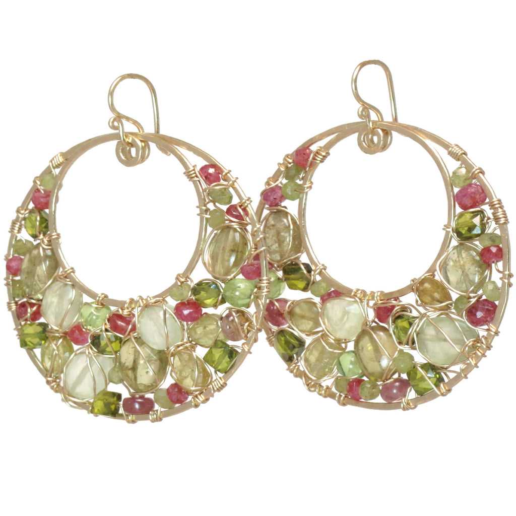 Hammered Circle Earrings with Tourmaline, Ruby & Prehnite