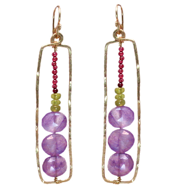 Hammered Rectangle Earrings with Garnet, Idocrase & Amethyst