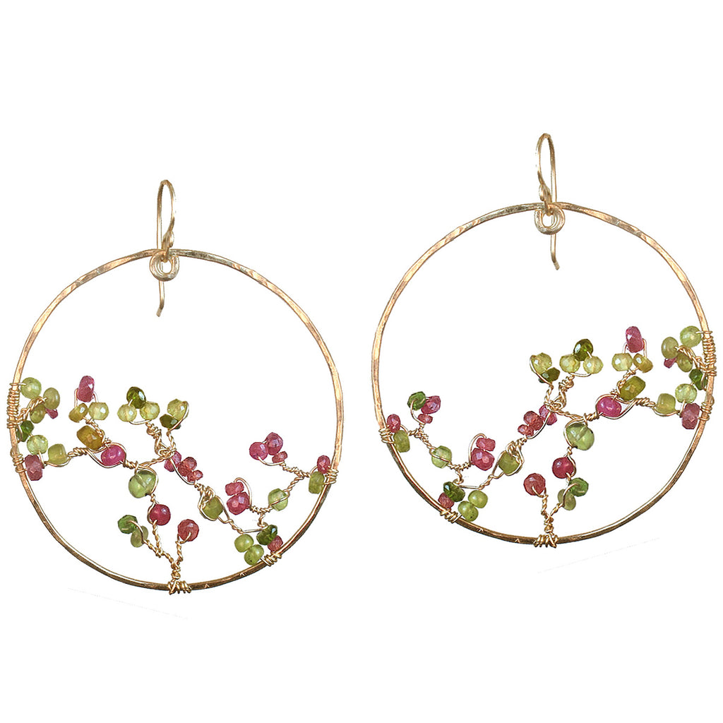 Hammered Circle Earrings with Peridot, Tsavorite & Pink Ruby
