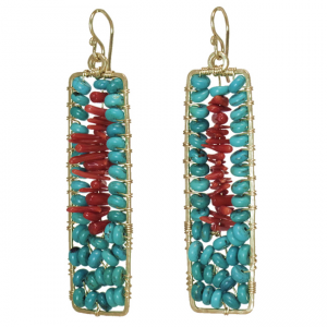 Hammered Rectangles with Turquoise & Red Coral Earrings