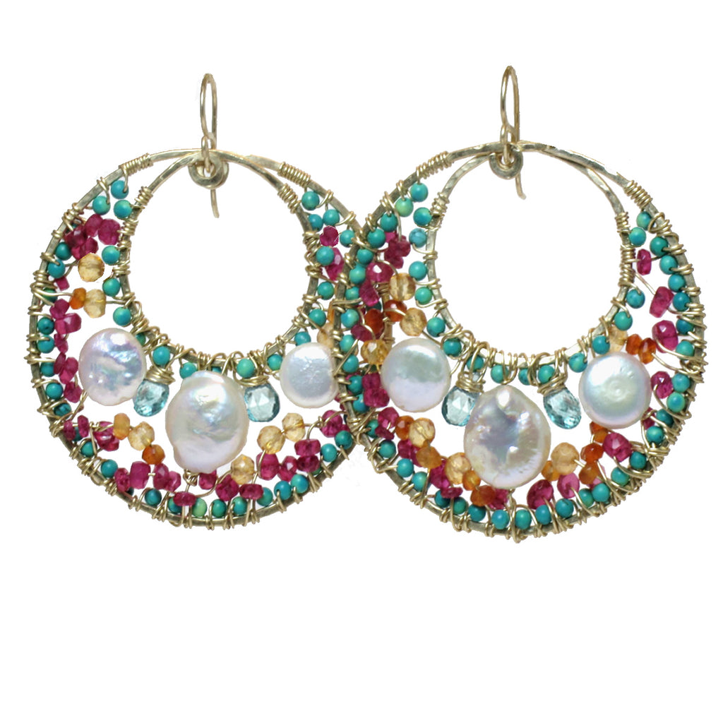 Hammered Circles with Pearl, Turquoise & Ruby Earrings