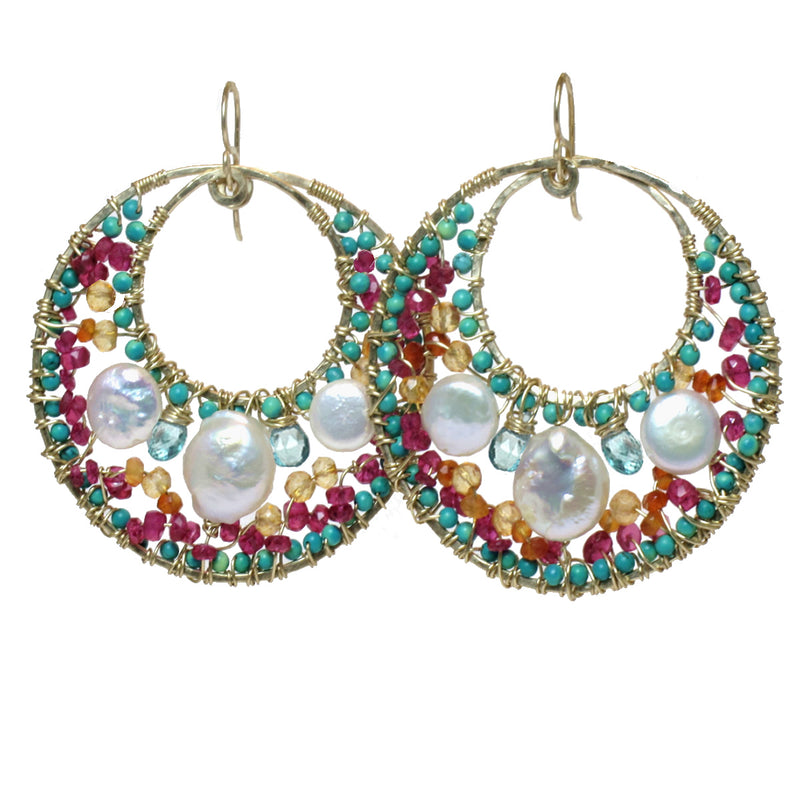 Hammered Circles with Pearl, Turquoise & Ruby Earrings