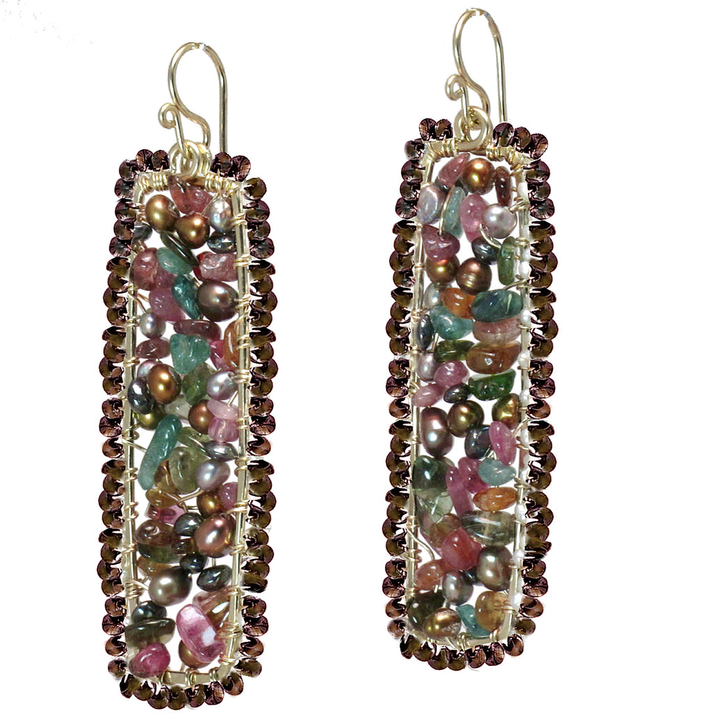 Hammered Rectangles with Pearl, Tourmaline & Peridot Earrings