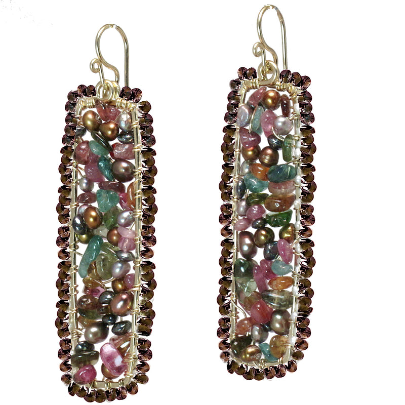 Hammered Rectangles with Pearl, Tourmaline & Peridot Earrings