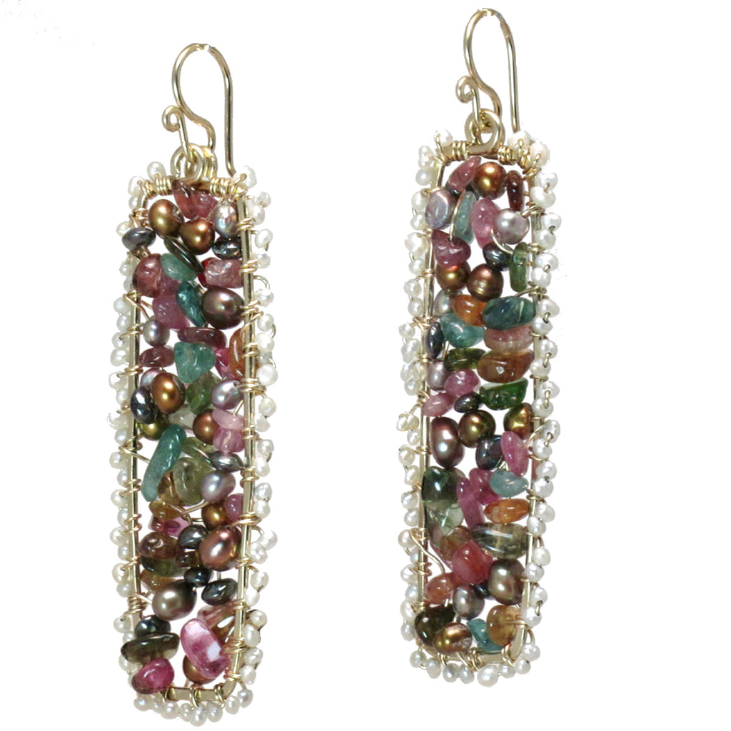 Hammered Rectangles with Pearls, Spinel & Gemstone Mix Earrings