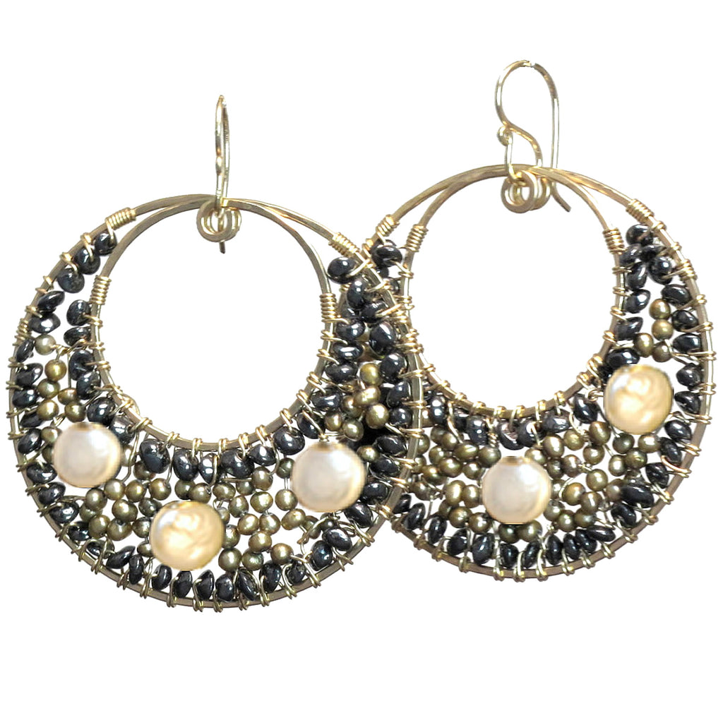 Hammered Circles with Black Spinel & Pearl Earrings