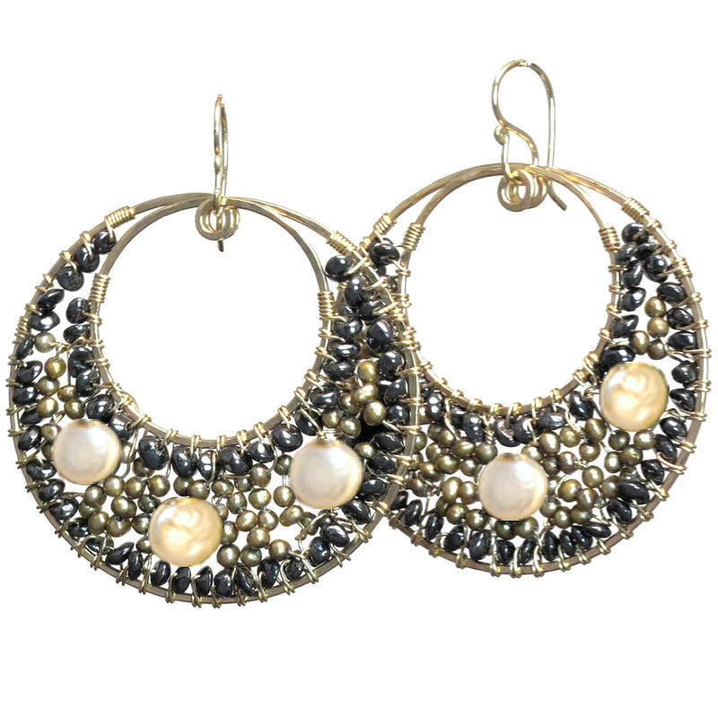 Hammered Circles with Black Spinel & Pearl Earrings