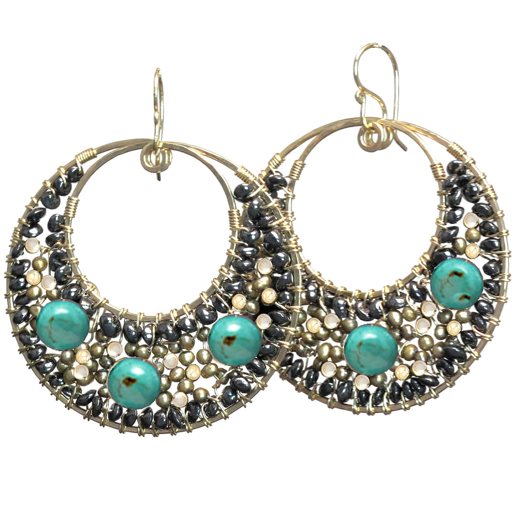 Hammered Circles with Black Spinel, Pearls & Turquoise Earrings