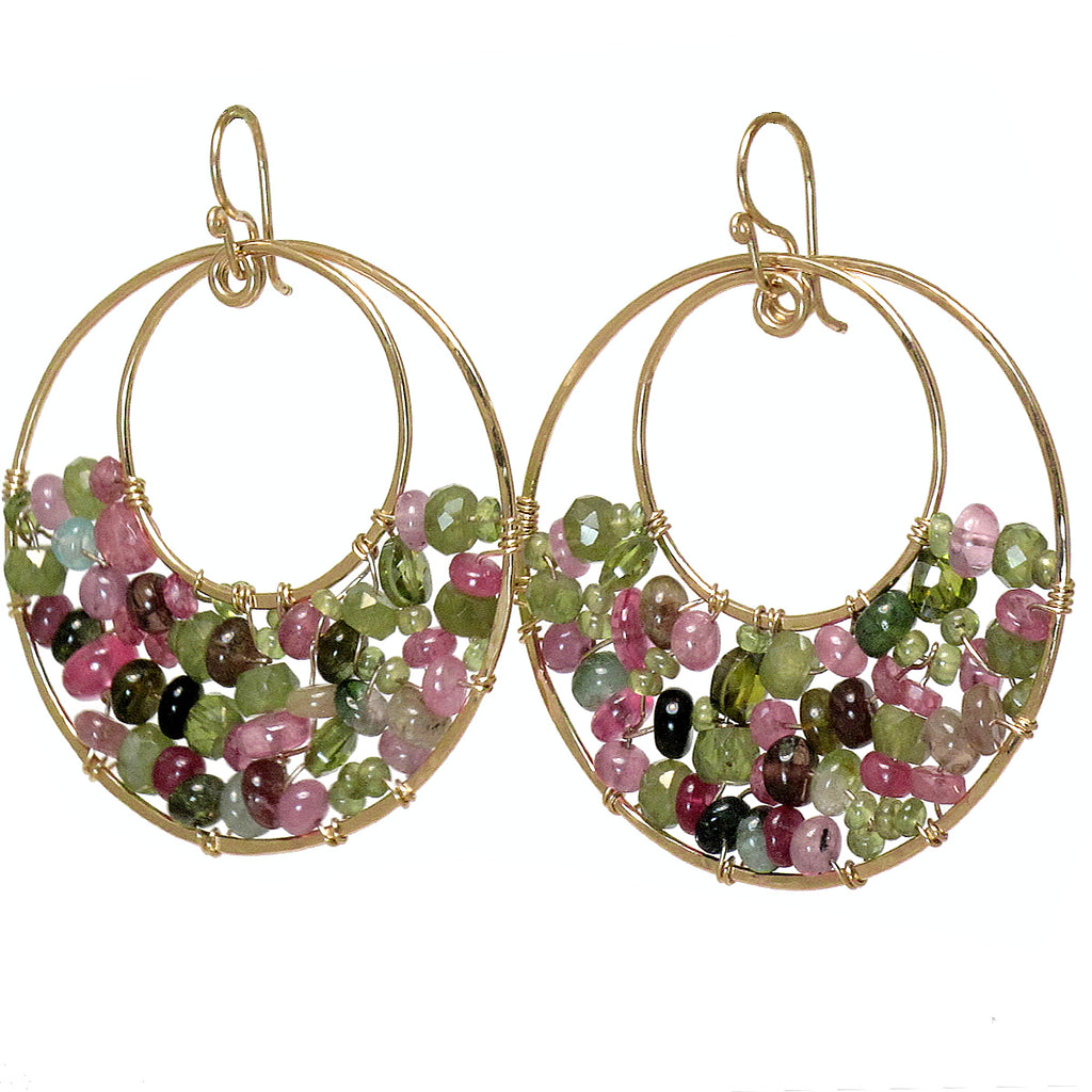 Hammered Circles with Mixed Tourmaline Earrings