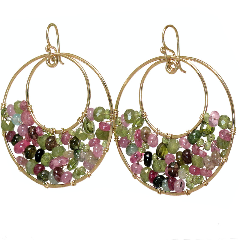 Hammered Circles with Mixed Tourmaline Earrings