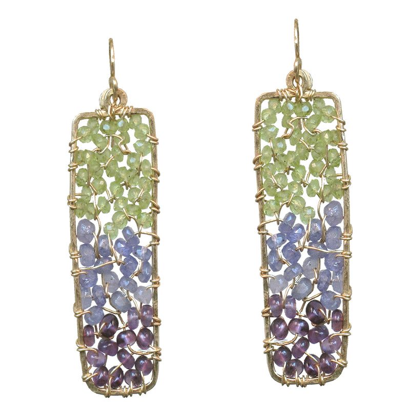 Hammered Rectangles with Peridot, Tanzanite & Amethyst Earrings