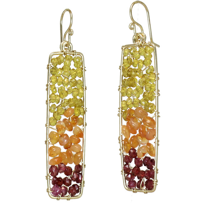 Hammered Rectangles with Citrine, Carnelian & Rhodolite Earrings