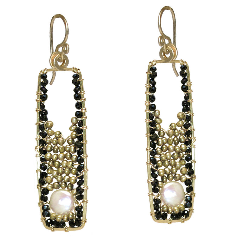 Hammered Rectangles with Black Spinel & Pearl Earrings