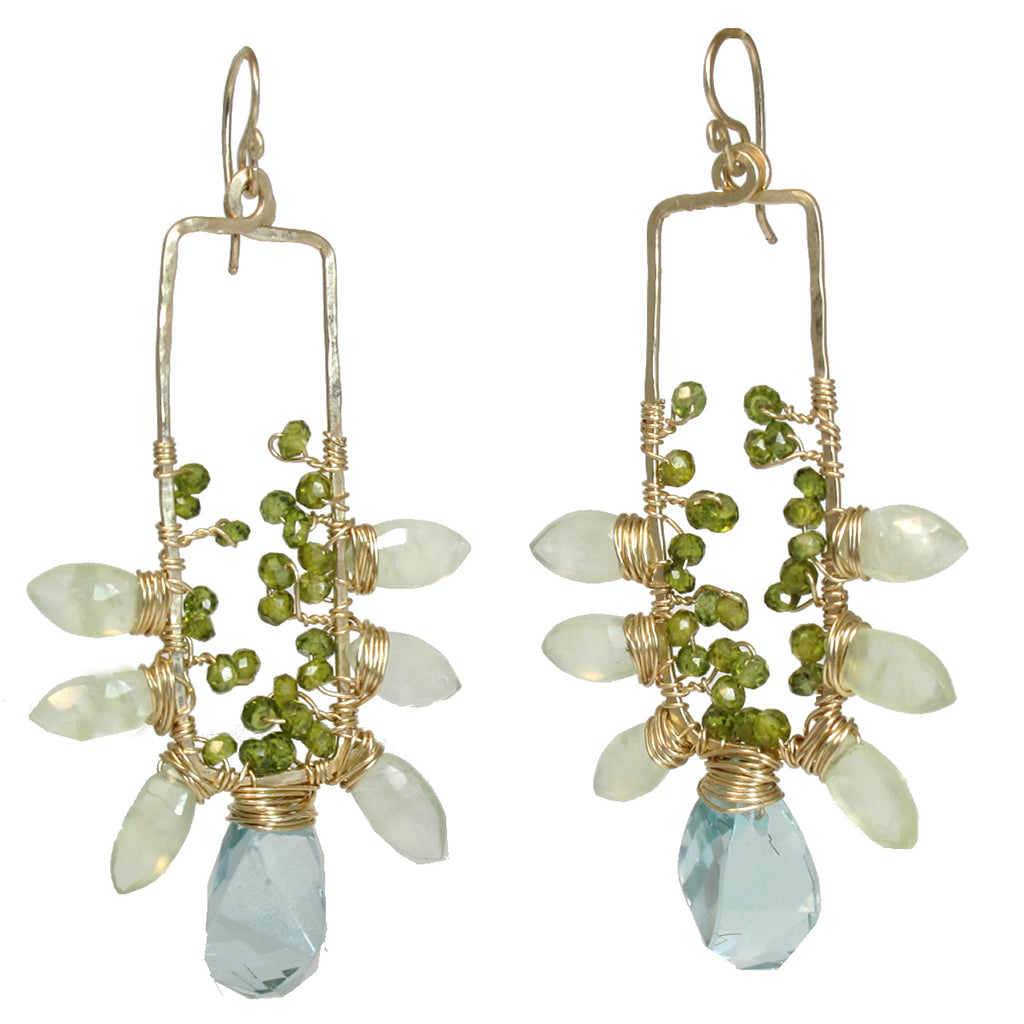 Hammered Rectangles with Peridot, Prehnite & Aquamarine Crystal Earrings