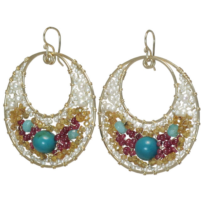 Hammered Circles with Ivory Pearls, Citrine, Pink Ruby & Turquoise Earrings - ClickThatClicks 