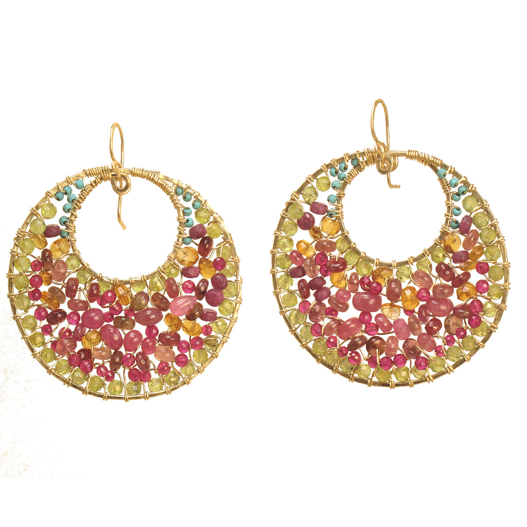 Hammered Double-Circle with Ruby, Garnet & Turquoise