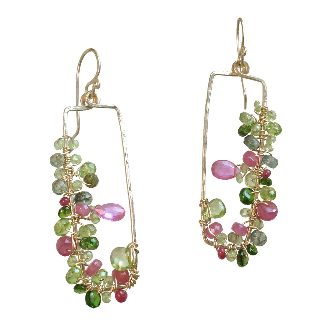 Hammered Rectangles with Pink Ruby, Peridot & Vessonite