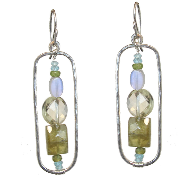 Hammered Rectangle Earrings with Apatite, Peridot & Moonstone