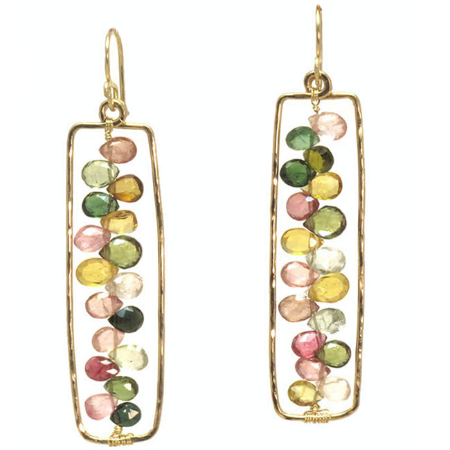 Hammered Rectangle Earrings with Mixed Tourmaline