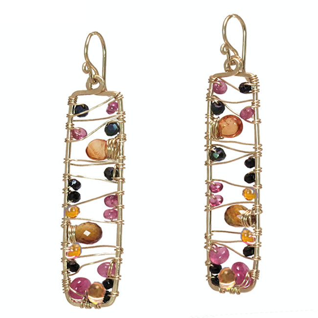 Hammered Rectangle Earrings with Ruby, Citrine & Mandarin Garnet