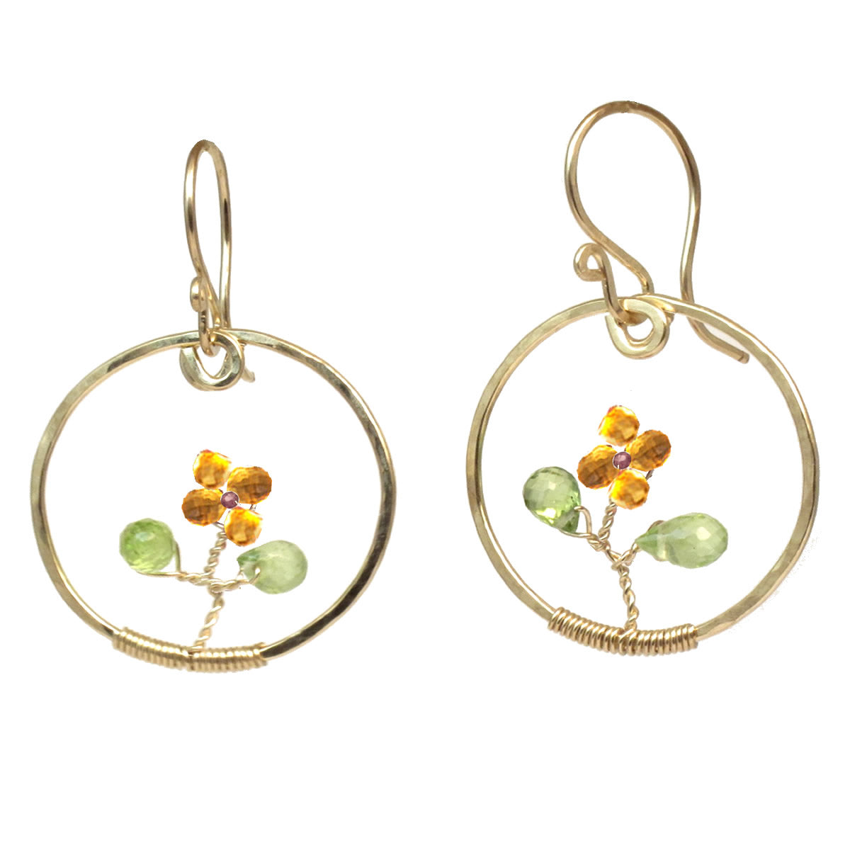 Hammered Circle Earrings with Citrine & Peridot Flowers - ClickThatClicks 