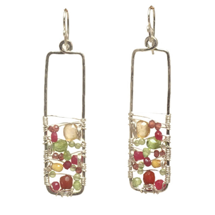 Citrine, Peridot & Pink Ruby Wrapped Rectangle Earrings