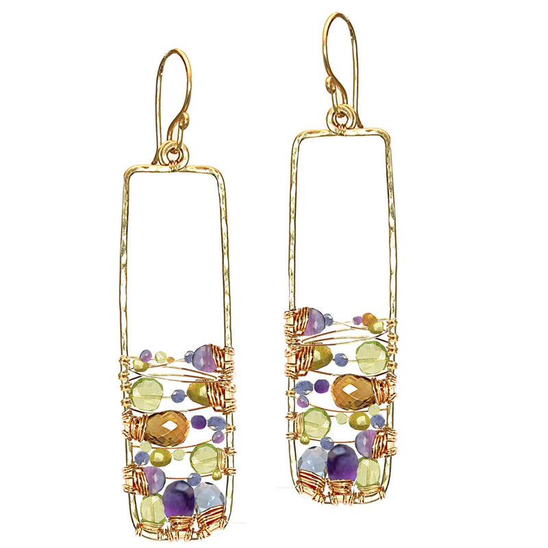Amethyst, Peridot & Blue Topaz Wrapped Rectangle Earrings