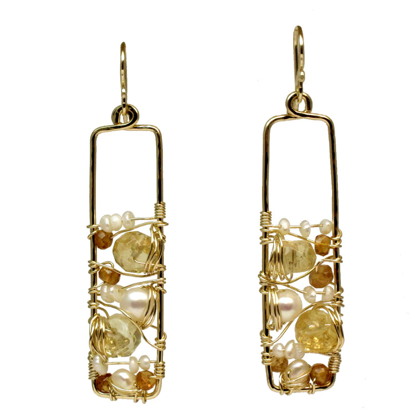 Ivory Pearl & Citrine Wrapped Rectangle Earrings