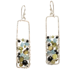 Black Spinel, Vessonite & Blue Tourmaline Wrapped Rectangle Earrings
