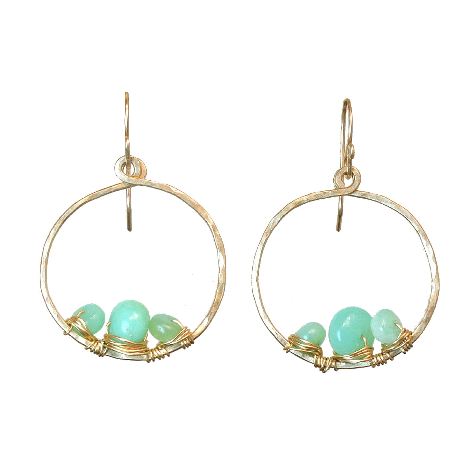 Chrysoprase Wrapped Hammered Circle Earrings - ClickThatClicks 
